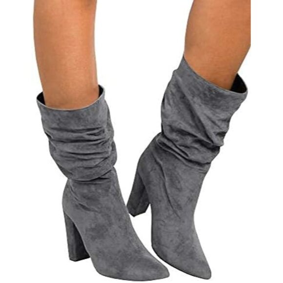 Women's Grey Suede Mid Calf High Slouchy Chunky Heel Block Pointed Toe Boots - Picture 4 of 7